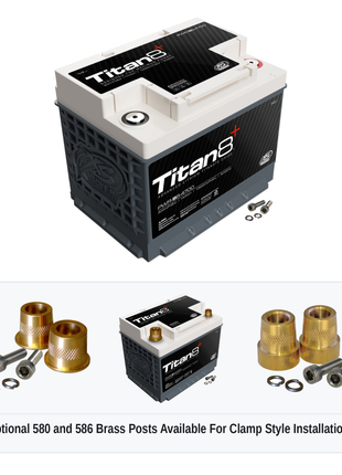 XS Power PWR-S6-4700 Titan8 lithium battery with optional 580 and 586 brass post adaptors for clamp style installations