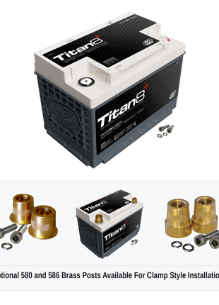 XS Power PWR-S6-4800 Titan8 lithium battery with optional 580 and 586 brass post adaptors for clamp style installations