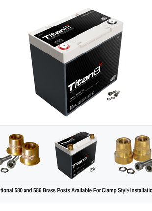 XS Power PWR-S6-5100 Titan8 lithium battery with optional 580 and 586 brass post adaptors for clamp style installations
