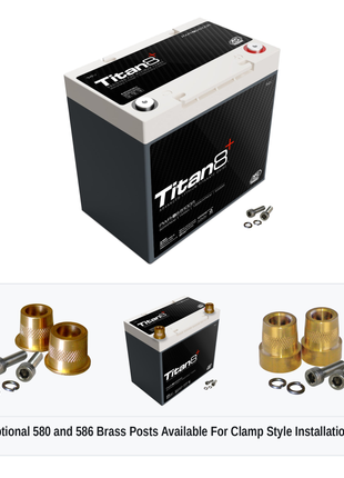 XS Power PWR-S6-5100R Titan8 lithium battery with optional 580 and 586 brass post adaptors for clamp style installations