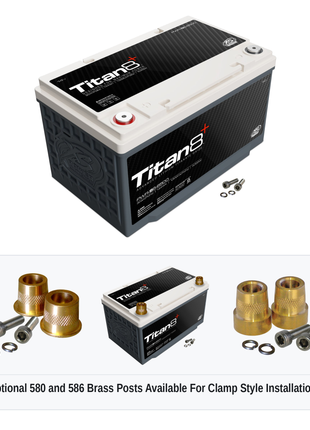 XS Power PWR-S6-6500 Titan8 lithium battery with optional 580 and 586 brass post adaptors for clamp style installations