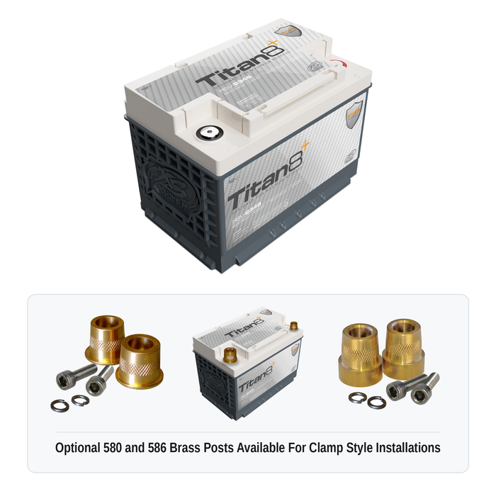 XS Power RSV-23-4800 Titan8 lithium reserve battery with optional 580 and 586 brass post adaptors for clamp style installations