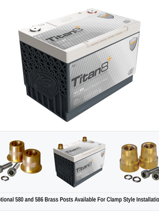 XS Power RSV-23 Titan8 lithium reserve battery with optional 580 and 586 brass post adaptors for clamp style installations