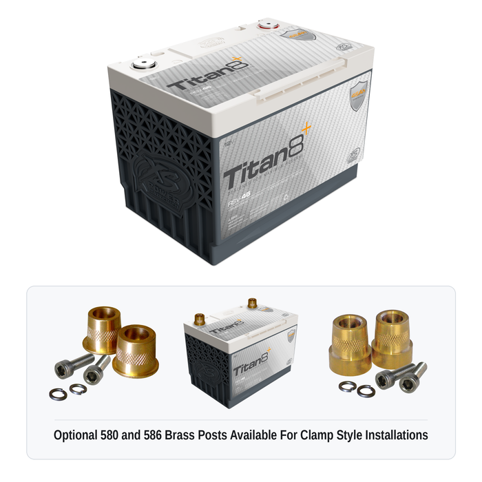 XS Power RSV-46 Titan8 lithium reserve battery with optional 580 and 586 brass post adaptors for clamp style installations