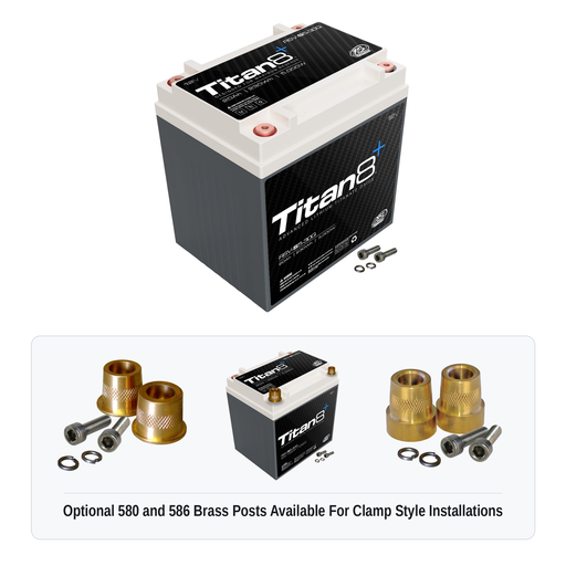 XS Power RSV-S5-30Q Titan8 lithium reserve battery with optional 580 and 586 brass post adaptors for clamp style installations