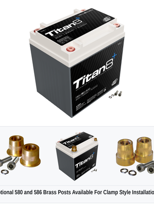 XS Power RSV-S6-30Q Titan8 lithium reserve battery with optional 580 and 586 brass post adaptors for clamp style installations