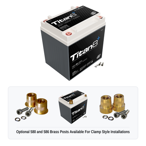 XS Power RSV-S6-30Q Titan8 lithium reserve battery with optional 580 and 586 brass post adaptors for clamp style installations