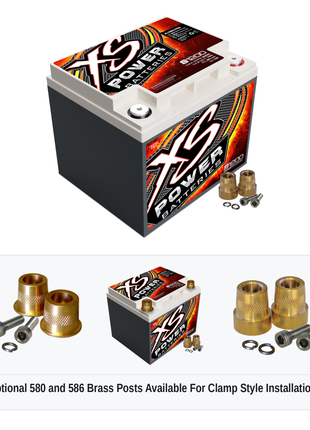 XS Power S1200 12V AGM racing battery with optional 580 and 586 brass post adaptors for clamp style installations