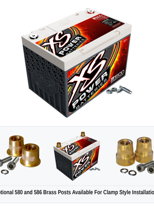 XS Power S1600 16V AGM racing battery with optional 580 and 586 brass post adaptors for clamp style installations