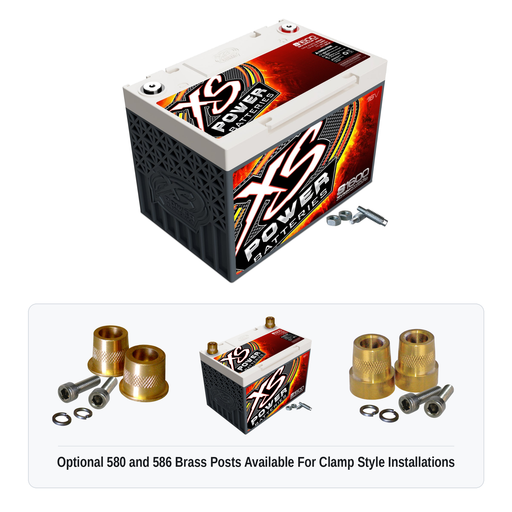 XS Power S1600 16V AGM racing battery with optional 580 and 586 brass post adaptors for clamp style installations
