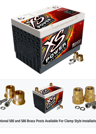 XS Power S3400 Group 34 12V AGM racing battery with optional 580 and 586 brass post adaptors for clamp style installations