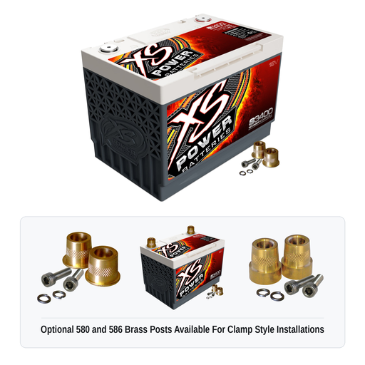 XS Power S3400 Group 34 12V AGM racing battery with optional 580 and 586 brass post adaptors for clamp style installations