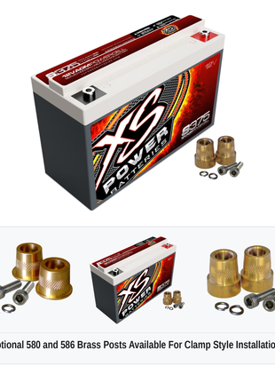XS Power S375 12V AGM racing battery with optional 580 and 586 brass post adaptors for clamp style installations