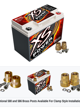 XS Power S545 12V AGM racing battery with optional 580 and 586 brass post adaptors for clamp style installations
