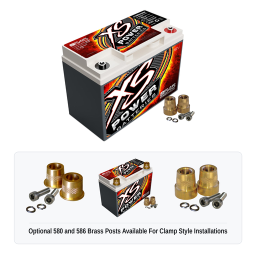 XS Power S545 12V AGM racing battery with optional 580 and 586 brass post adaptors for clamp style installations