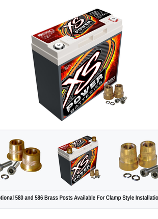 XS Power S680 12V AGM racing battery with optional 580 and 586 brass post adaptors for clamp style installations