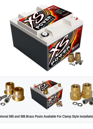 XS Power S925 12V AGM racing battery with optional 580 and 586 brass post adaptors for clamp style installations