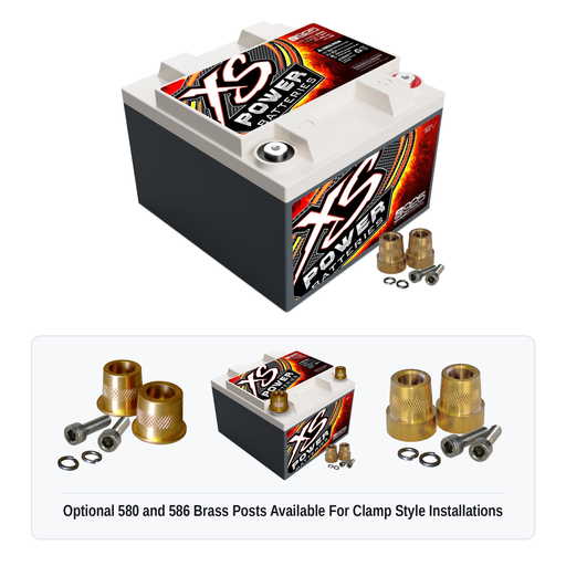 XS Power S925 12V AGM racing battery with optional 580 and 586 brass post adaptors for clamp style installations
