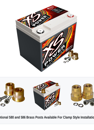 XS Power S975 12V AGM racing battery with optional 580 and 586 brass post adaptors for clamp style installations