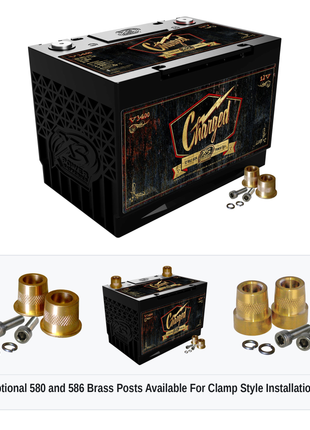 XS Power V3400 Group 34 vintage 12V AGM battery with optional 580 and 586 brass post adaptors for clamp style installations