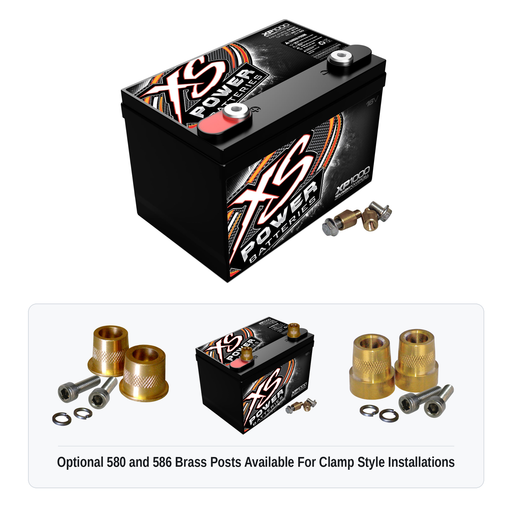 XS Power XP1000 16V AGM battery with optional 580 and 586 brass post adaptors for clamp style installations