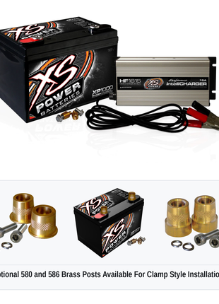 XS Power XP1000CK1 16V AGM battery and charger combo kit with optional 580 and 586 brass post adaptors for clamp style installations