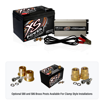 XS Power XP1000CK1 16V AGM battery and charger combo kit with optional 580 and 586 brass post adaptors for clamp style installations
