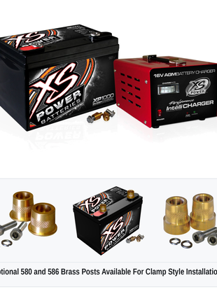 XS Power XP1000CK2 16V AGM battery and charger combo kit with optional 580 and 586 brass post adaptors for clamp style installations