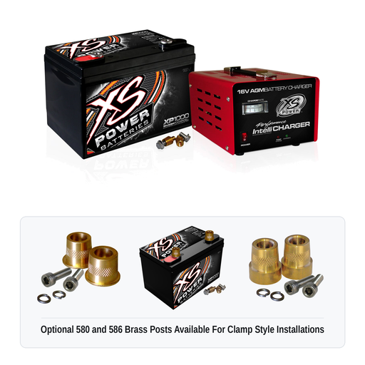XS Power XP1000CK2 16V AGM battery and charger combo kit with optional 580 and 586 brass post adaptors for clamp style installations