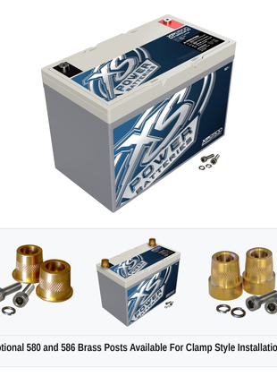 XS Power XP2500 12V AGM secondary reserve battery with optional 580 and 586 brass post adaptors for clamp style installations