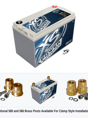 XS Power XP3000 12V AGM secondary reserve battery with optional 580 and 586 brass post adaptors for clamp style installations