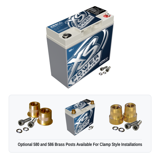 XS Power XP600 600 amp 12V AGM secondary battery with optional 580 and 586 brass post adaptors for clamp style installations