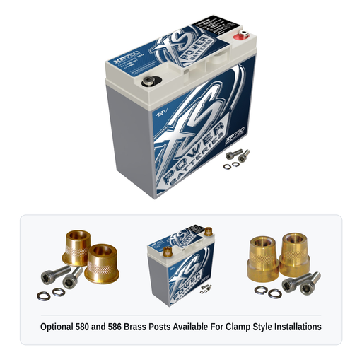 XS Power XP750 12V AGM secondary reserve battery with optional 580 and 586 brass post adaptors for clamp style installations
