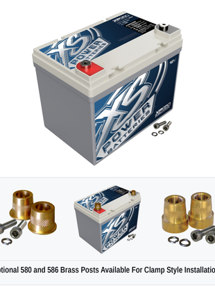 XS Power XP950 12V AGM secondary reserve battery with optional 580 and 586 brass post adaptors for clamp style installations