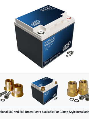 XS Power XV1200 12V lithium starting powercell with optional 580 and 586 brass post adaptors for clamp style installations