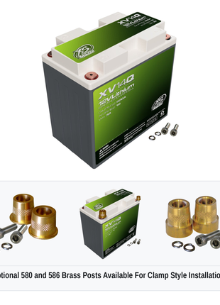 XS Power XV14Q 12V lithium starting powercell with optional 580 and 586 brass post adaptors for clamp style installations