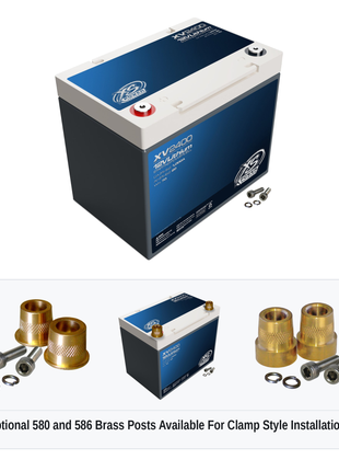 XS Power XV2400 12V lithium starting powercell with optional 580 and 586 brass post adaptors for clamp style installations