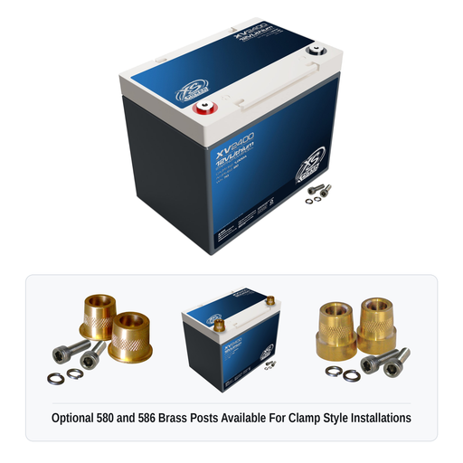 XS Power XV2400 12V lithium starting powercell with optional 580 and 586 brass post adaptors for clamp style installations