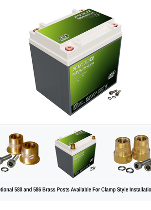 XS Power XV30Q 12V lithium starting powercell with optional 580 and 586 brass post adaptors for clamp style installations