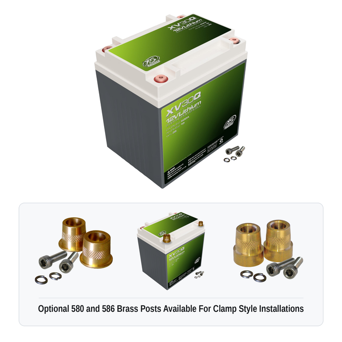 XS Power XV30Q 12V lithium starting powercell with optional 580 and 586 brass post adaptors for clamp style installations