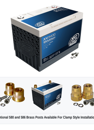 XS Power XV3400 12V lithium starting powercell with optional 580 and 586 brass post adaptors for clamp style installations