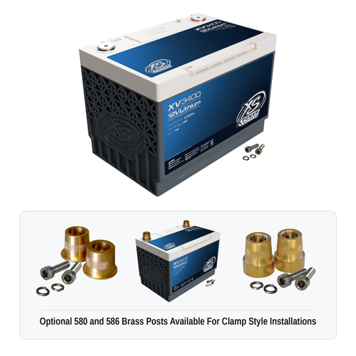 XS Power XV3400 12V lithium starting powercell with optional 580 and 586 brass post adaptors for clamp style installations
