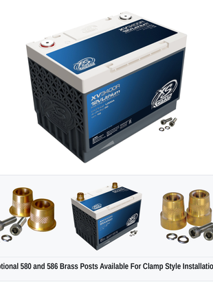 XS Power XV3400R 12V lithium starting powercell with optional 580 and 586 brass post adaptors for clamp style installations