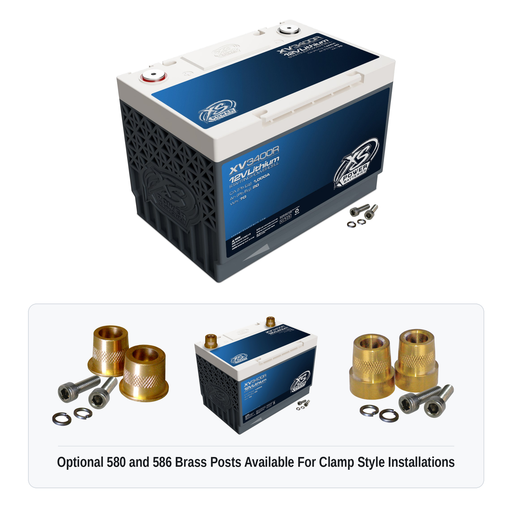 XS Power XV3400R 12V lithium starting powercell with optional 580 and 586 brass post adaptors for clamp style installations