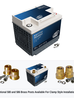 XS Power XV4700 12V lithium starting powercell with optional 580 and 586 brass post adaptors for clamp style installations