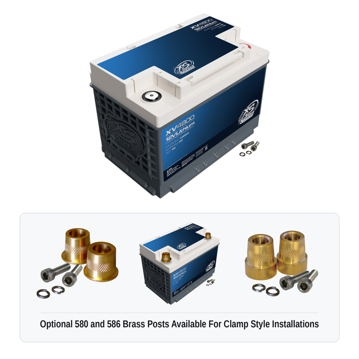 XS Power XV4800 12V lithium starting powercell with optional 580 and 586 brass post adaptors for clamp style installations
