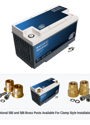 XS Power XV4900 12V lithium starting powercell with optional 580 and 586 brass post adaptors for clamp style installations