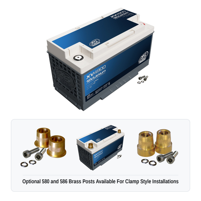 XS Power XV4900 12V lithium starting powercell with optional 580 and 586 brass post adaptors for clamp style installations