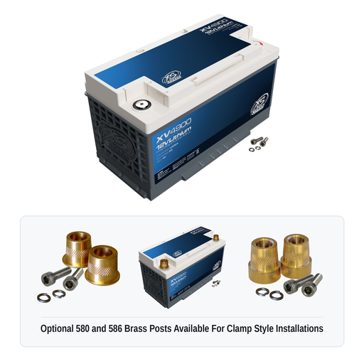 XS Power XV4900 12V lithium starting powercell with optional 580 and 586 brass post adaptors for clamp style installations