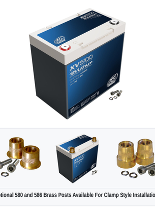 XS Power XV5100 12V lithium starting powercell with optional 580 and 586 brass post adaptors for clamp style installations